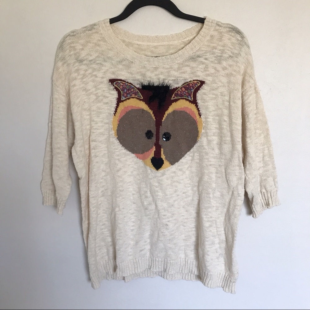 Cream Fox Pullover Sweater Knit 3/4 Length Sleeves Textured Sequin Eyes